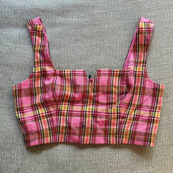 NWT Anthropologie Maeve Structured Plaid Corset Crop Top in Pink Combo - Size 8 - Picture 6 of 10